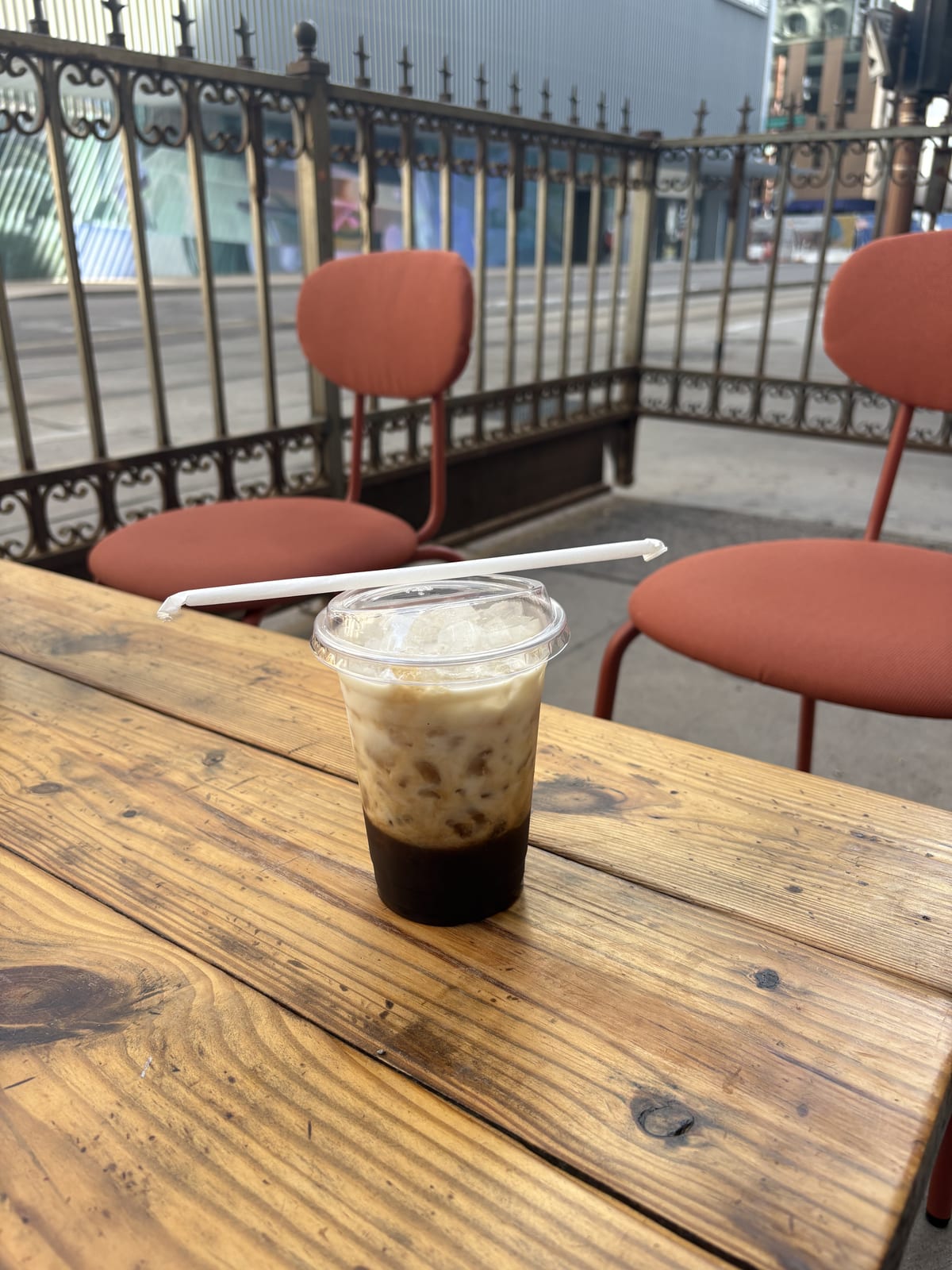 Iced coffee on the patio at The Thread PHX