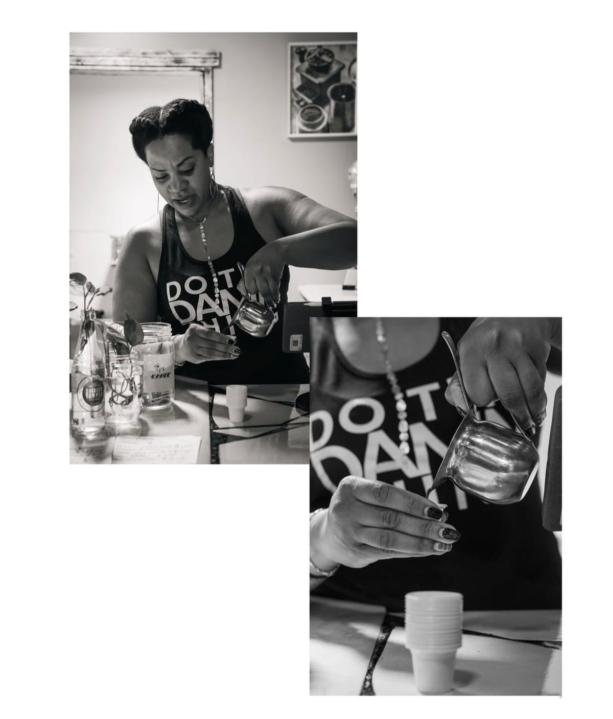 Tiffany pouring coffee at The Thread Cafecito